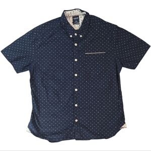 Level Ten Men LG Peached Poplin Short Sleeve Shirt Navy Nautical Button Up EUC